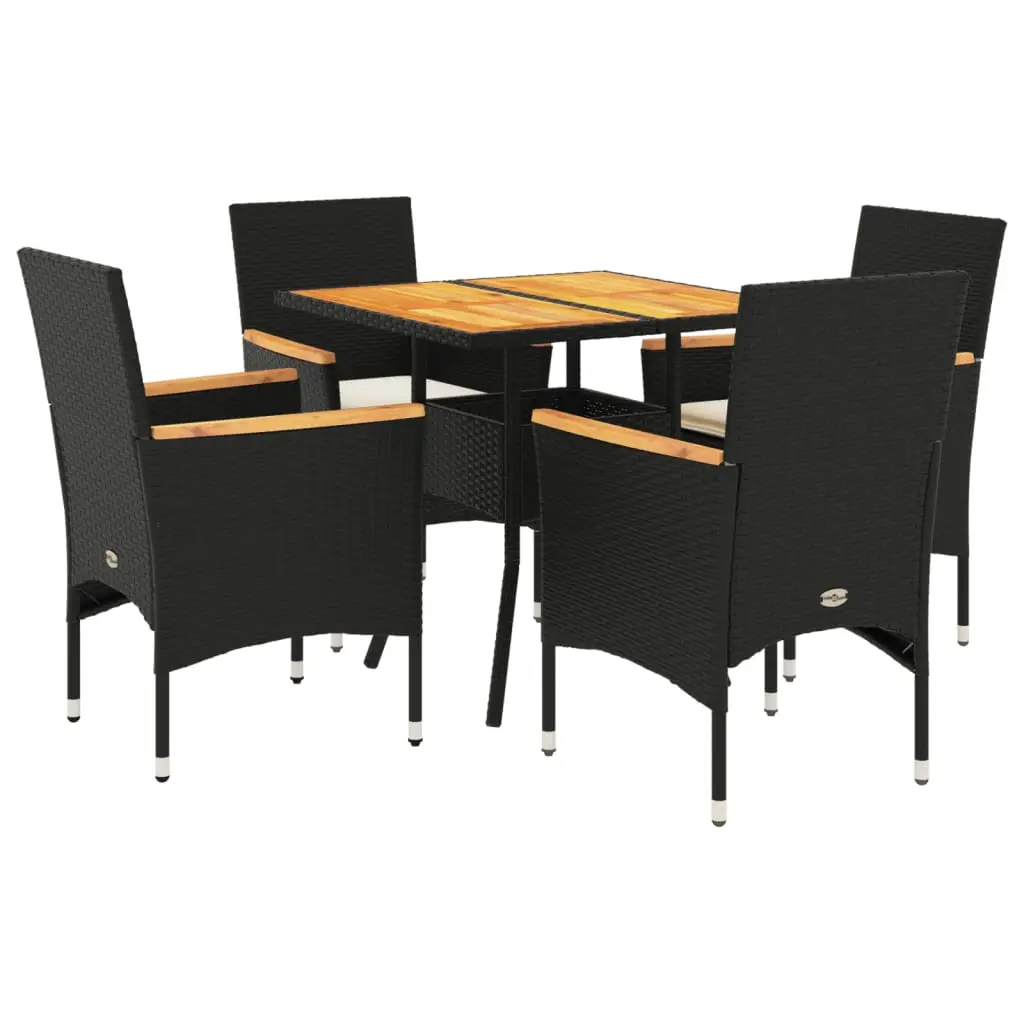 Ensemble de 5 pcs table de jardin et chaises avec coussins – mobilier de jardin noir rotin acacia-JU2639