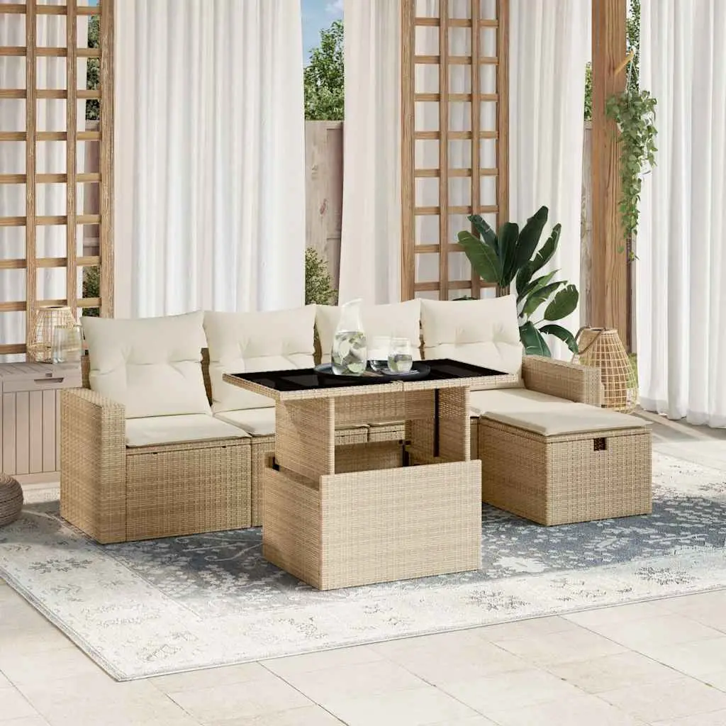 Ensemble de jardin 6 pièces en résine tressée avec table ajustable et pouf Beige – ComfortXL Outdoor Living