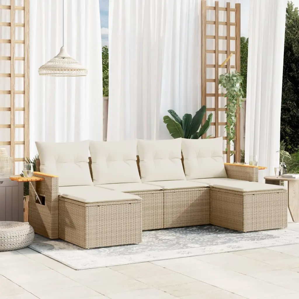 Ensemble de jardin 6 pièces résine tressée avec tablettes d’appoint intégrées Beige – ComfortXL Outdoor Living