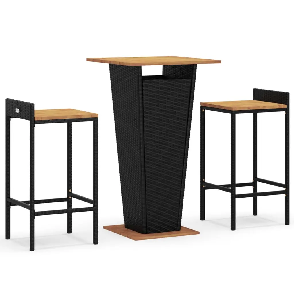 Ensemble de 3 pcs bar de jardin – Mobilier d’extérieur noir poly rotin/bois massif acacia-JU2131