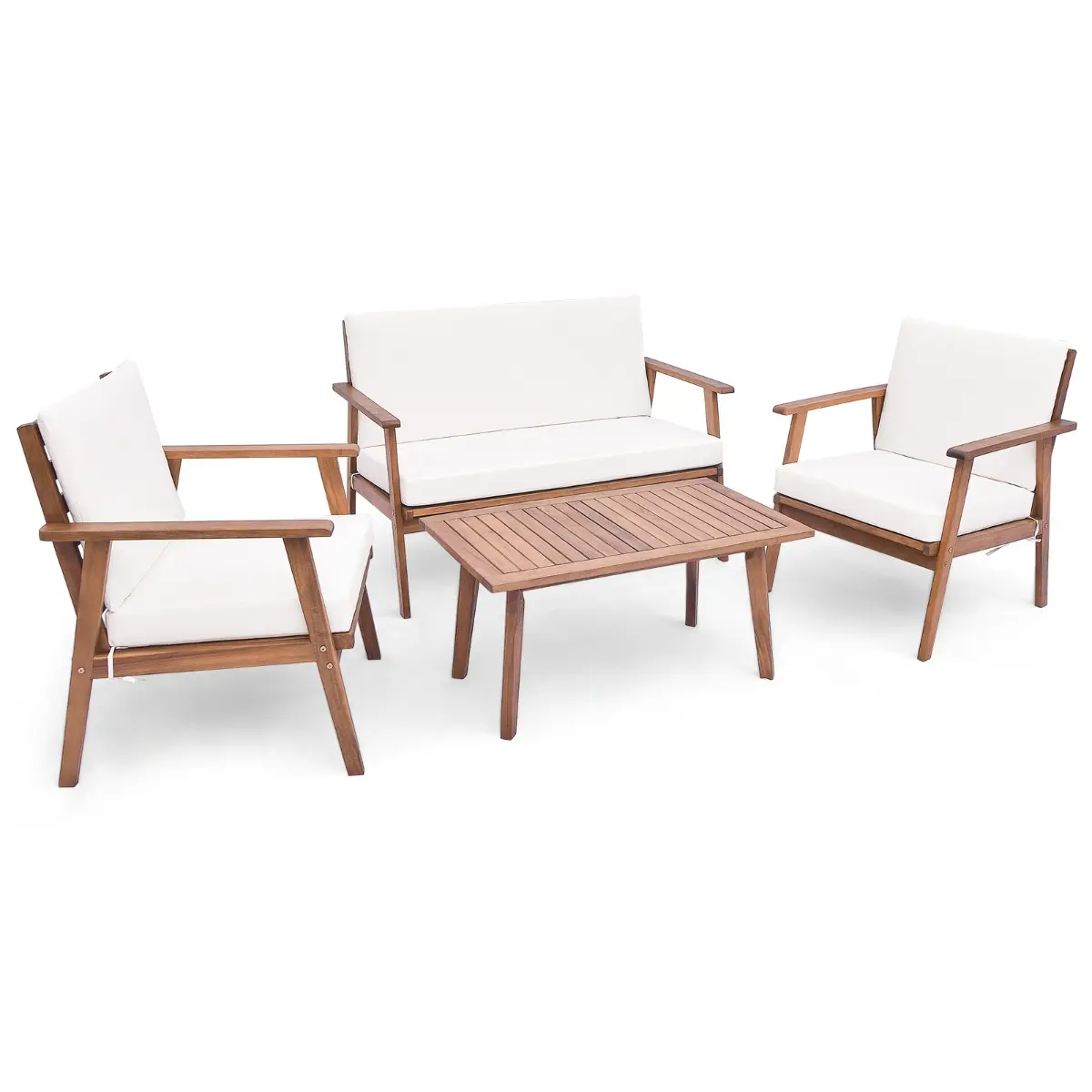 Ensemble de Meubles d’Extérieur 4 Pièces Bois d’Acacia Salon de Jardin avec Table Basse Rectangulaire Coussins Blanc MAISON CHIC