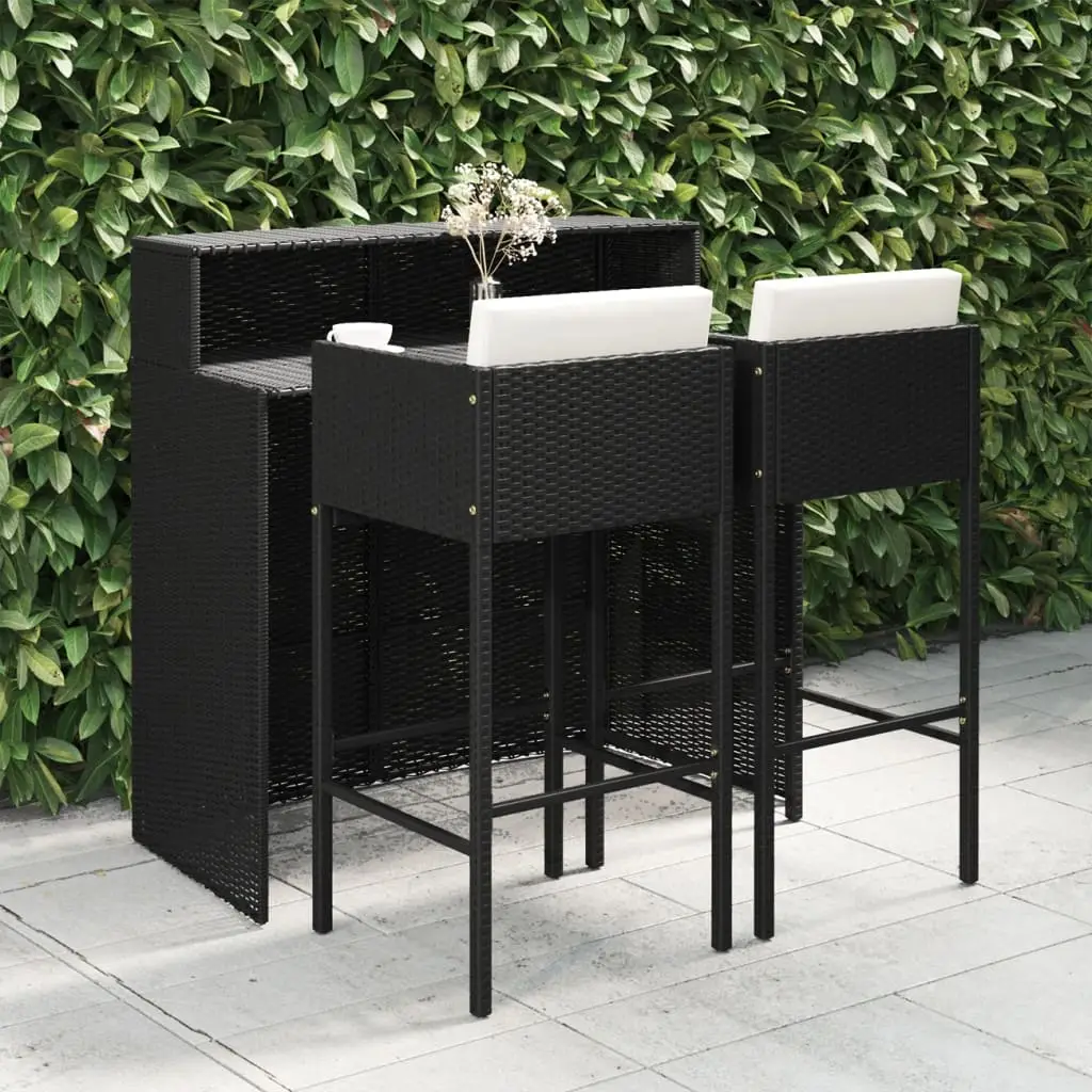 Ensemble de bar de jardin 3 pcs et coussins Résine tressée Noir vidaXL 3094807