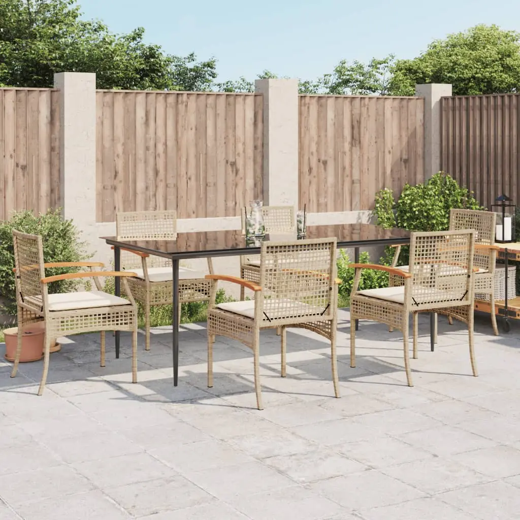 Ensemble de Jardin Repas 6 Personnes Beige, Chaises en Bois et Résine, Grande Table Verre 200cm – ComfortXL Outdoor Living