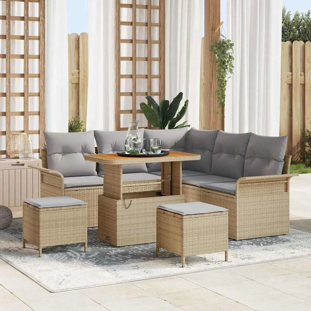 Ensemble de jardin moderne 8 pcs polyrotin et bois pour 7 personnes terrasse Beige – ComfortXL Outdoor Living