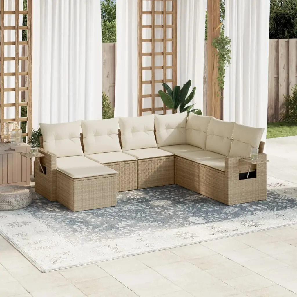 Ensemble de jardin 7 places modulable en poly rotin avec pouf et rangement Beige – ComfortXL Outdoor Living