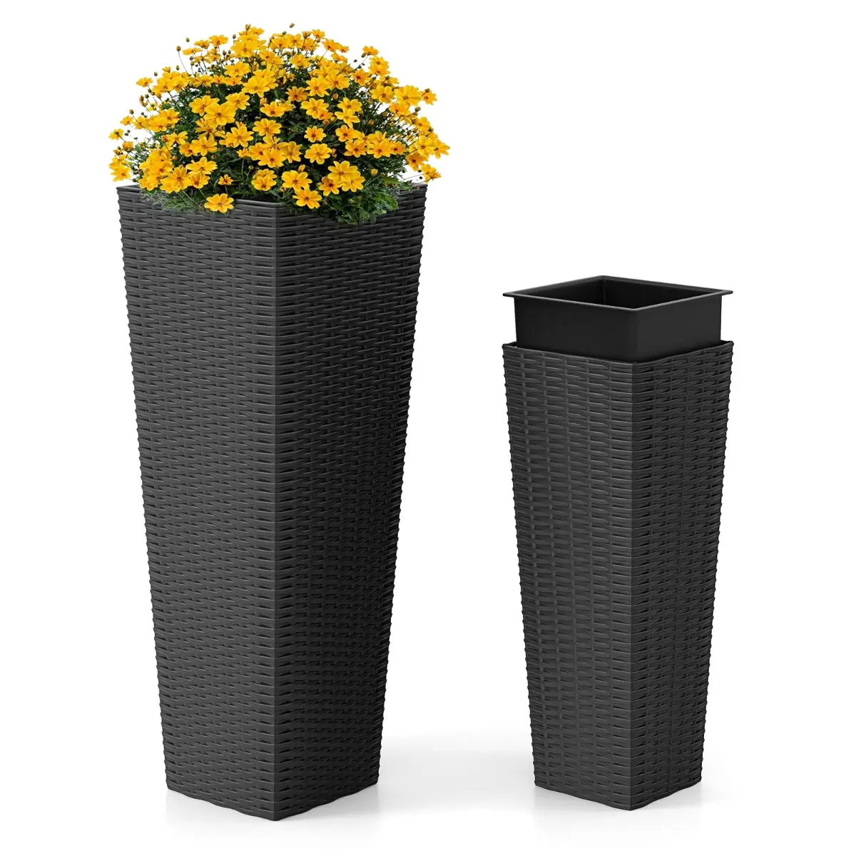 Ensemble de Pots à Plantes en Rotin Lot de 2 Grands Jardinières d’Extérieur avec Bacs Intérieurs Amovibles Trous de Drainage Noir MAISON CHIC