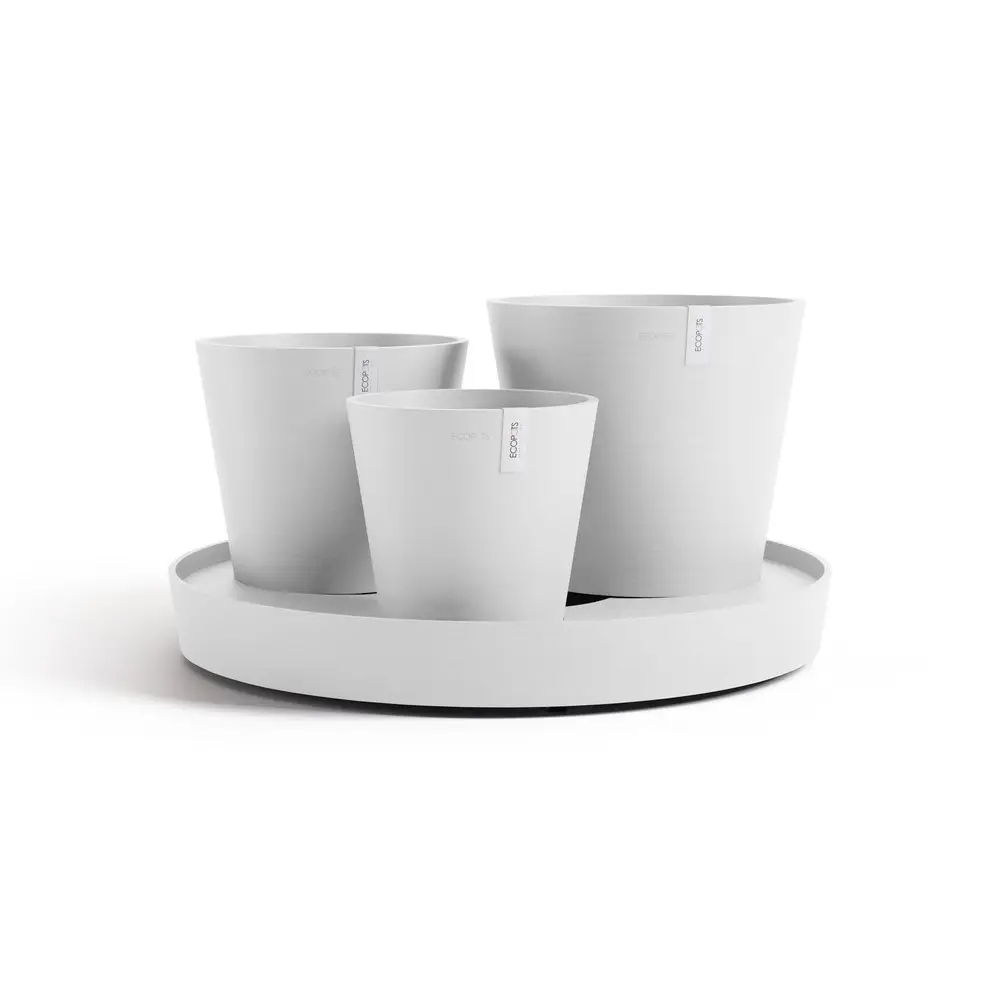 Ensemble de 3 pots Dubai Blanc Pur – Ø 57 x H. 30 cm – support à roulettes ECOPOTS