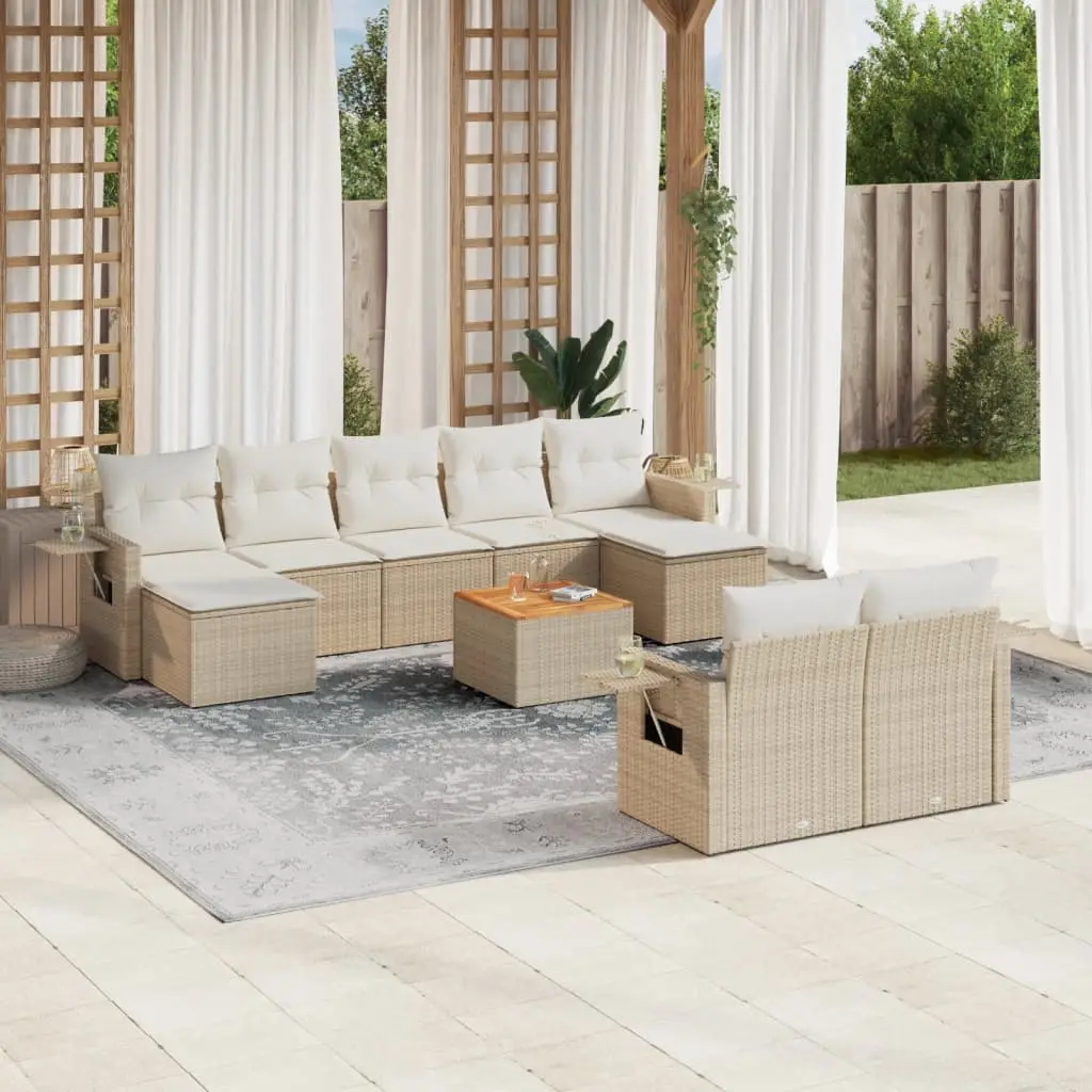 Ensemble canapé de jardin 9 places poly rotin avec tablettes rabattables et rangement pour patio Beige – ComfortXL Outdoor Living