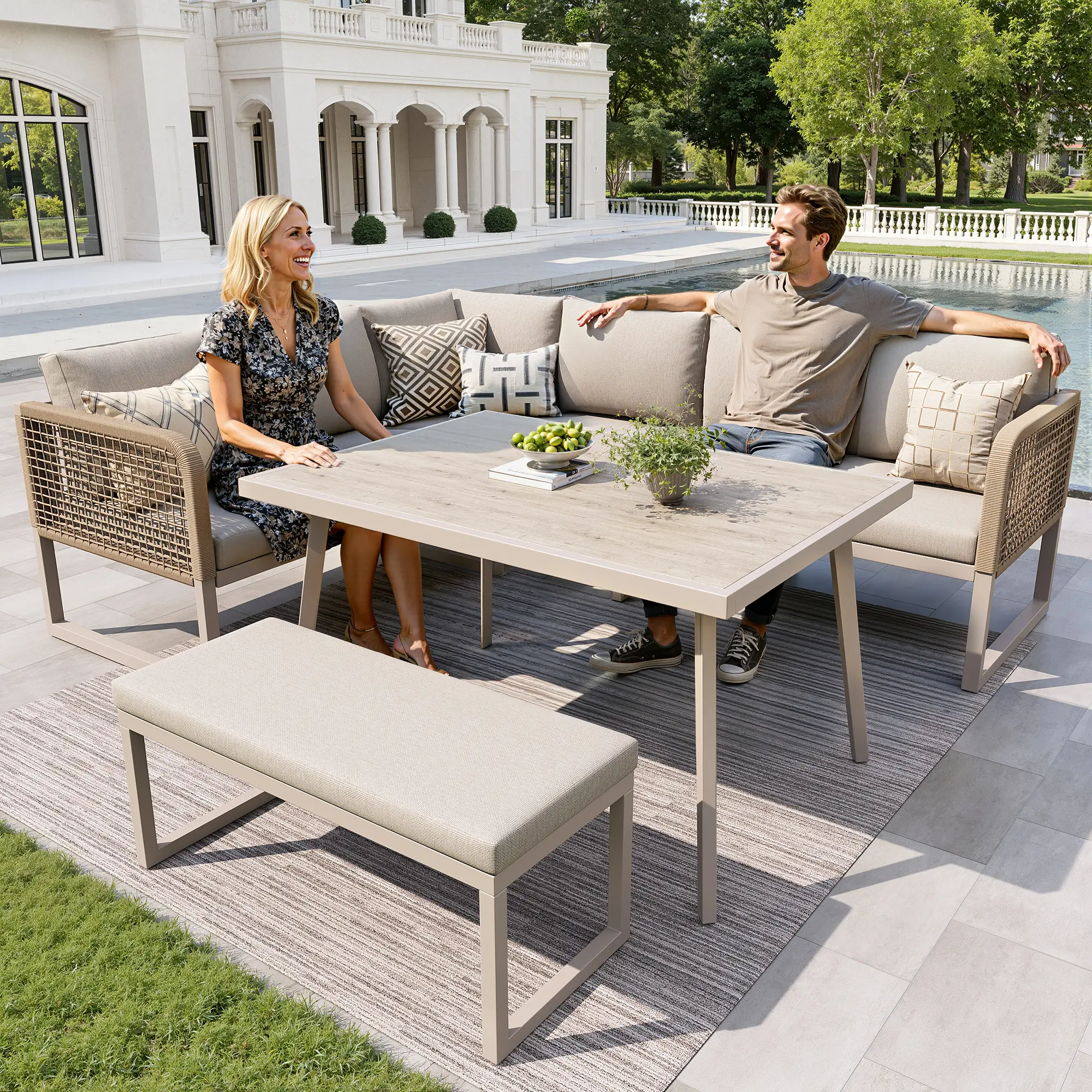 Ensemble de meubles de jardin avec coussins de haute qualité, rotin PE tressé à la main, résistant aux intempéries, Beige