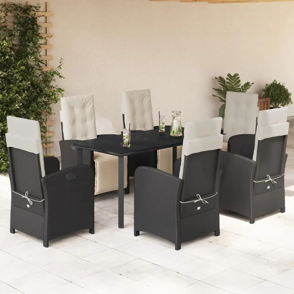 Ensemble de Repas Jardin 6 Personnes en Résine Tressée Noire, 6 Chaises Inclinables et Table Verre, Coussins Crème – ComfortXL Outdoor Living