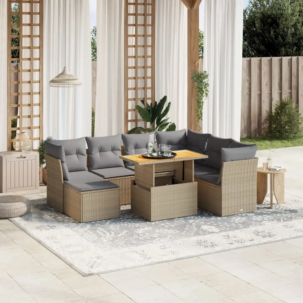 Ensemble de Jardin 8p Résine Tressée Beige Table Bois et Coussins Modulable – ComfortXL Outdoor Living