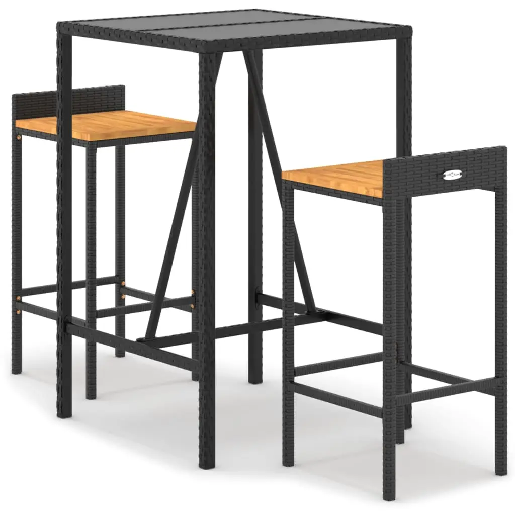 Ensemble de 3 pcs bar de jardin – Mobilier d’extérieur noir poly rotin/bois massif acacia-JU2120