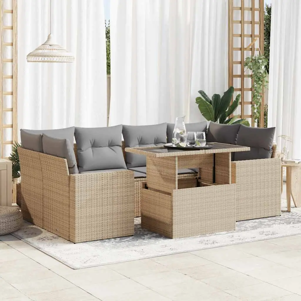Ensemble de Jardin 7 Places Résine Tressée Beige avec Coffres de Rangement et Table Ajustable – ComfortXL Outdoor Living