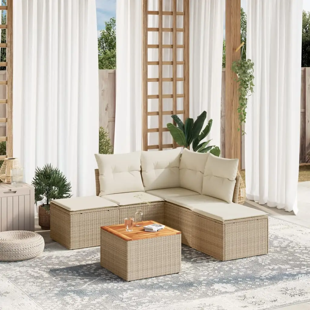 Ensemble de Jardin 6 Pièces Polyrotin et Bois avec Poufs et Rangement pour Terrasse Beige – ComfortXL Outdoor Living