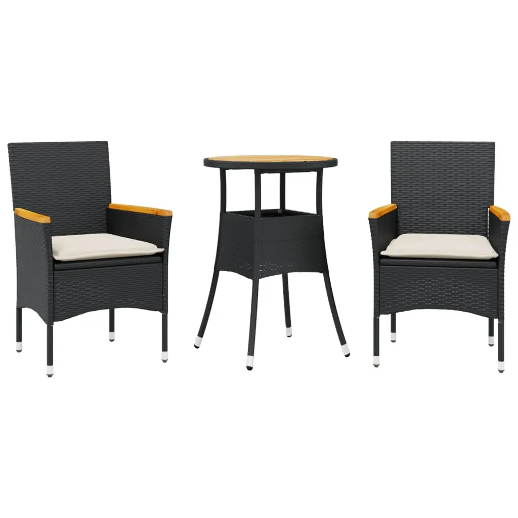 Ensemble de 3 pcs table de jardin et chaises avec coussins – mobilier de jardin noir rotin acacia-JU2763