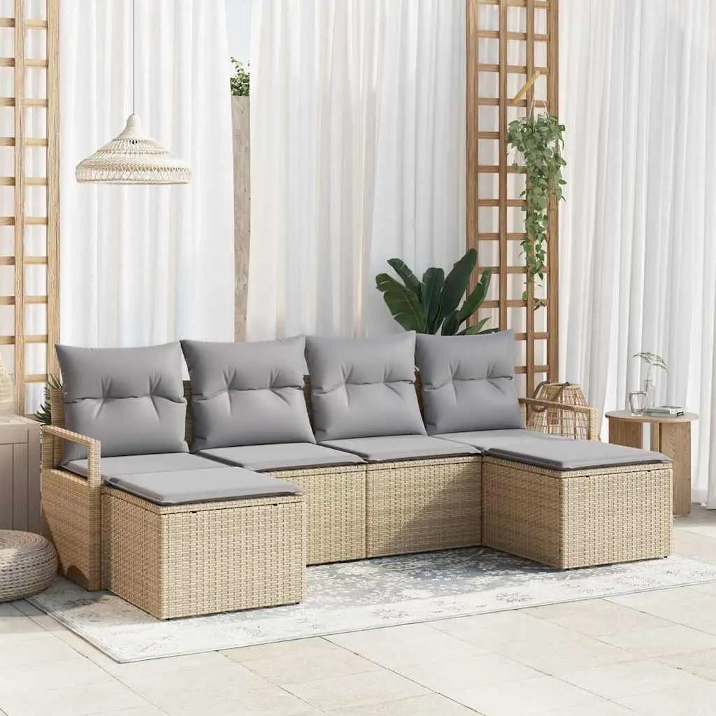 Ensemble de jardin 6 pièces polyrotin avec deux repose-pieds modulables Beige – ComfortXL Outdoor Living