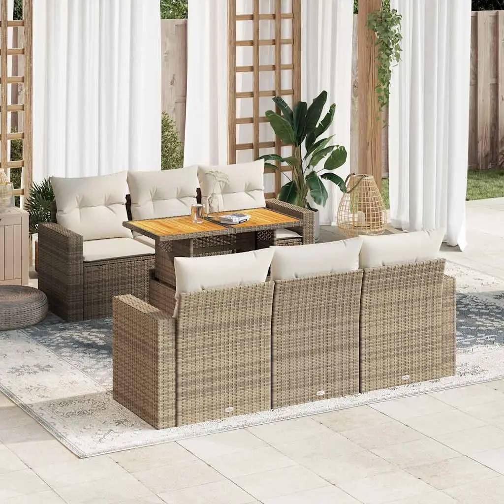 Ensemble de jardin 7 places beige en résine tressée et bois avec accoudoirs et rangements – ComfortXL Outdoor Living