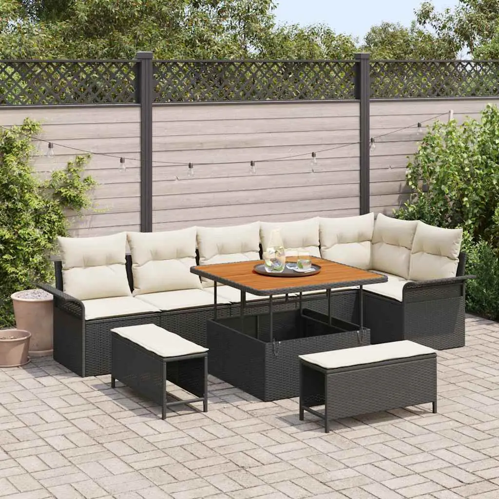 Ensemble de canapé de jardin avec coussin 9 pcs Noir vidaXL 3364095 Noir/ Blanc crème