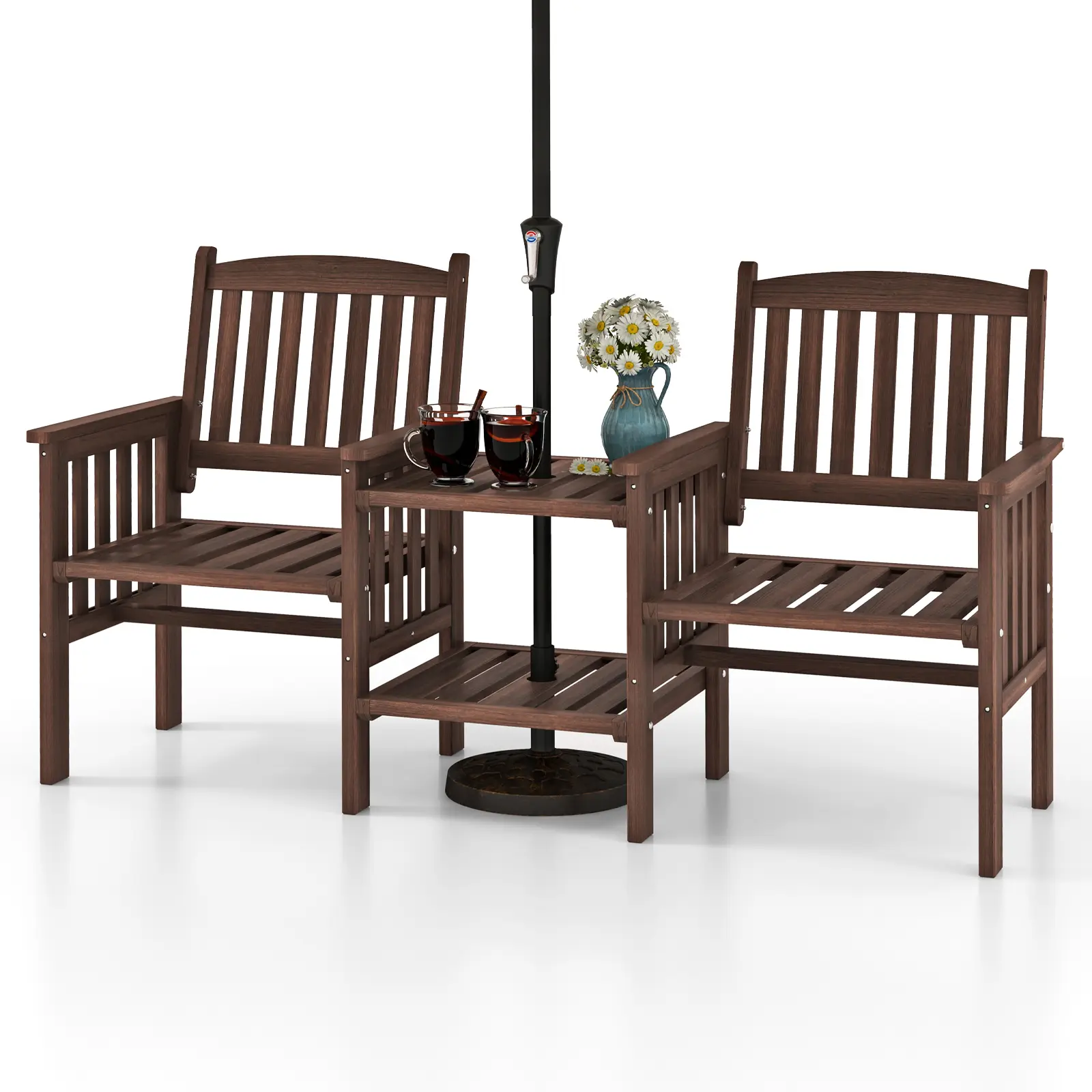 Ensemble de Meubles de Patio 2 Places en Bois de Sapin, Salon de Jardin avec 2 Chaises à Lattes Table Basse et Trou pour Parasol de 5 cm, Marron