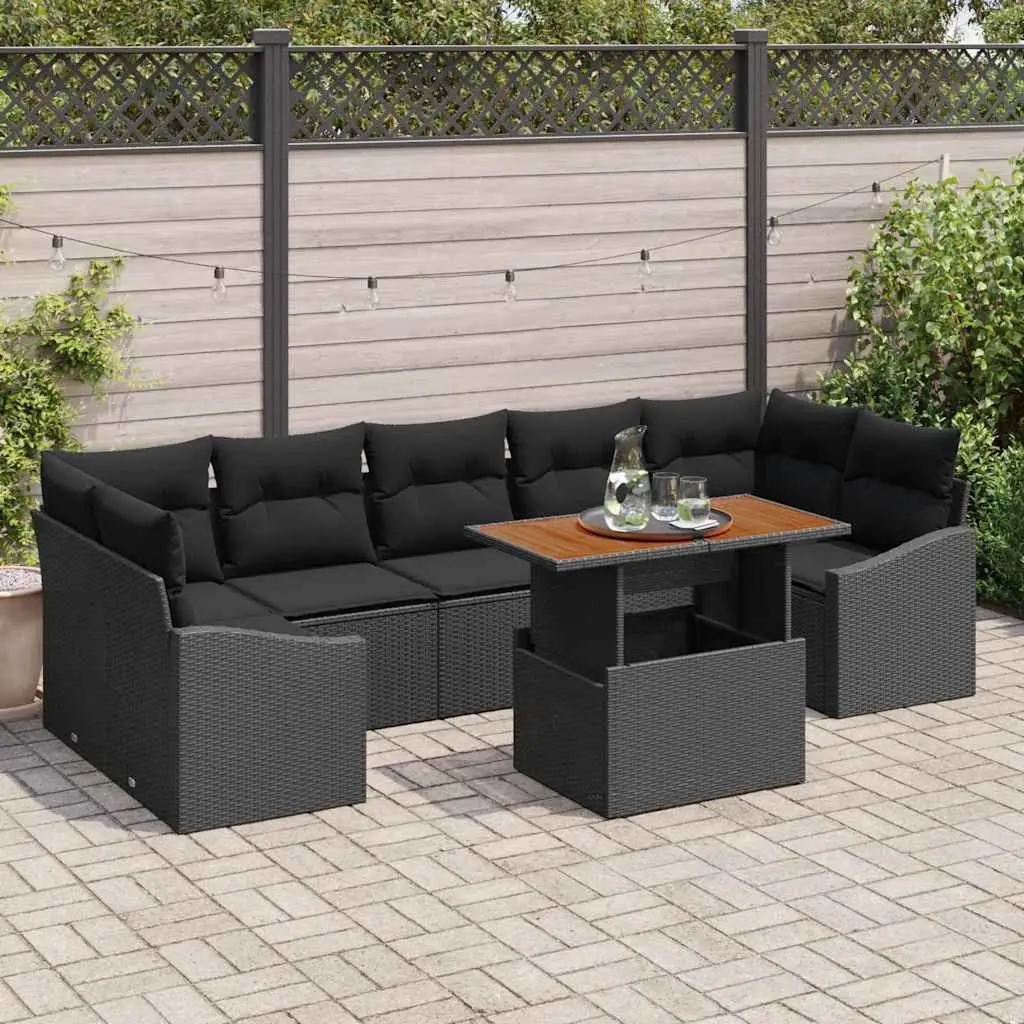 Ensemble de Jardin Complet 8 Pièces en Résine Tressée et Acacia avec Rangement Intégré Noir – ComfortXL Outdoor Living