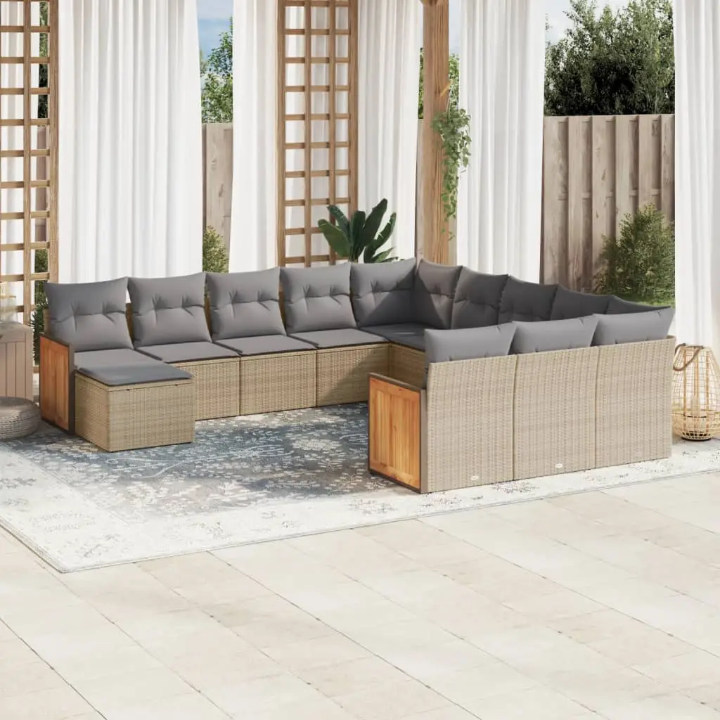 Ensemble canapé modulable 12 places en poly rotin avec pouf pour jardin Beige Coussins Gris Clair – ComfortXL Outdoor Living