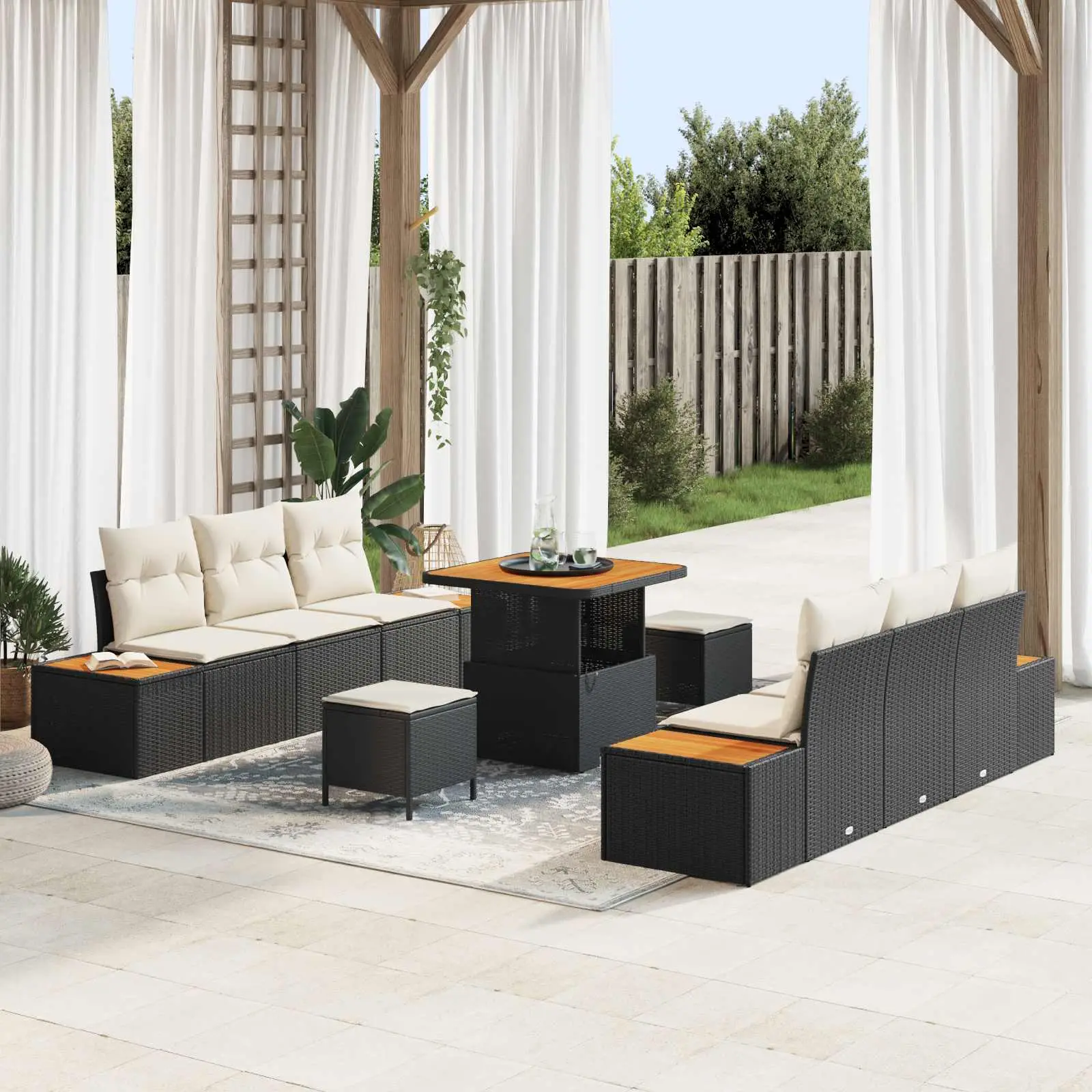 Ensemble de canapé de jardin avec coussin 9 pcs Noir et Crème vidaXL 3363255