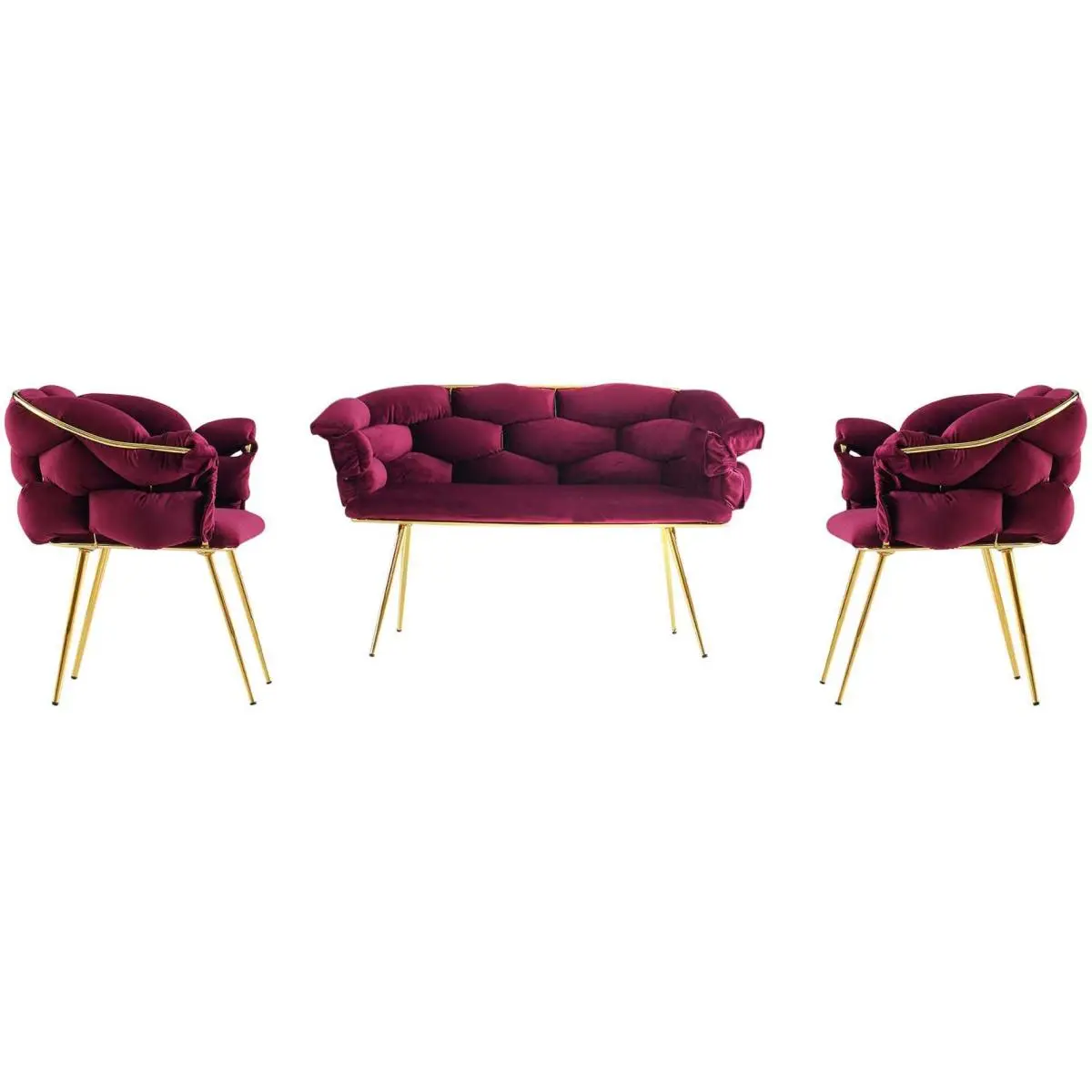 Ensemble canapé et fauteuils Balon Prune et doré