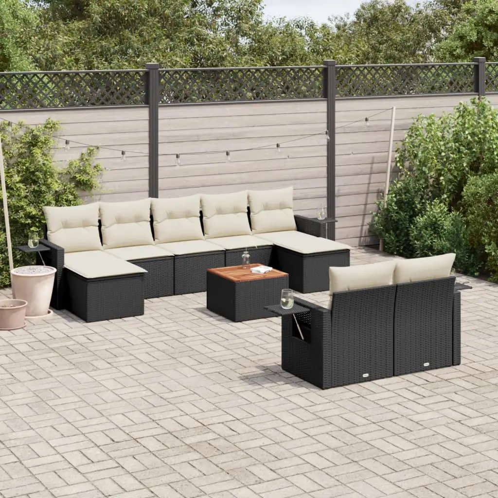Ensemble Canapé de Jardin 9 Personnes Poly Rotin Noir Coussins Crème et 2 Repose-Pieds – ComfortXL Outdoor Living