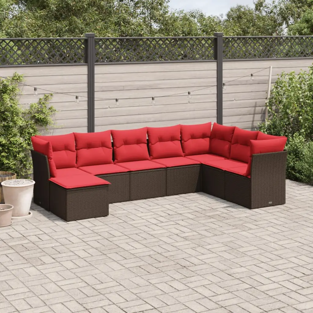 Ensemble canapés de jardin 8 pièces résine tressée modulable avec tabouret pour terrasse Marron et coussins Rouges – ComfortXL Outdoor Living