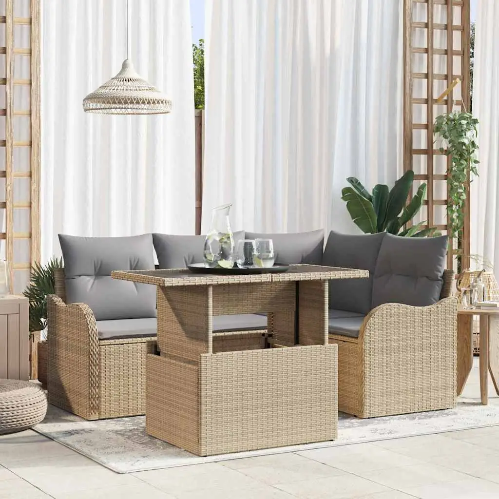 Ensemble de repas extérieur avec coussin 5 pcs Beige Poly rotin vidaXL 3348456 beige et gris