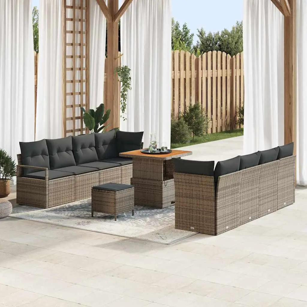 Ensemble Canapé Jardin 11 Pcs Polyrotin Gris & Acacia 10 Assises Table Relevable pour Repas en Extérieur – ComfortXL Outdoor Living