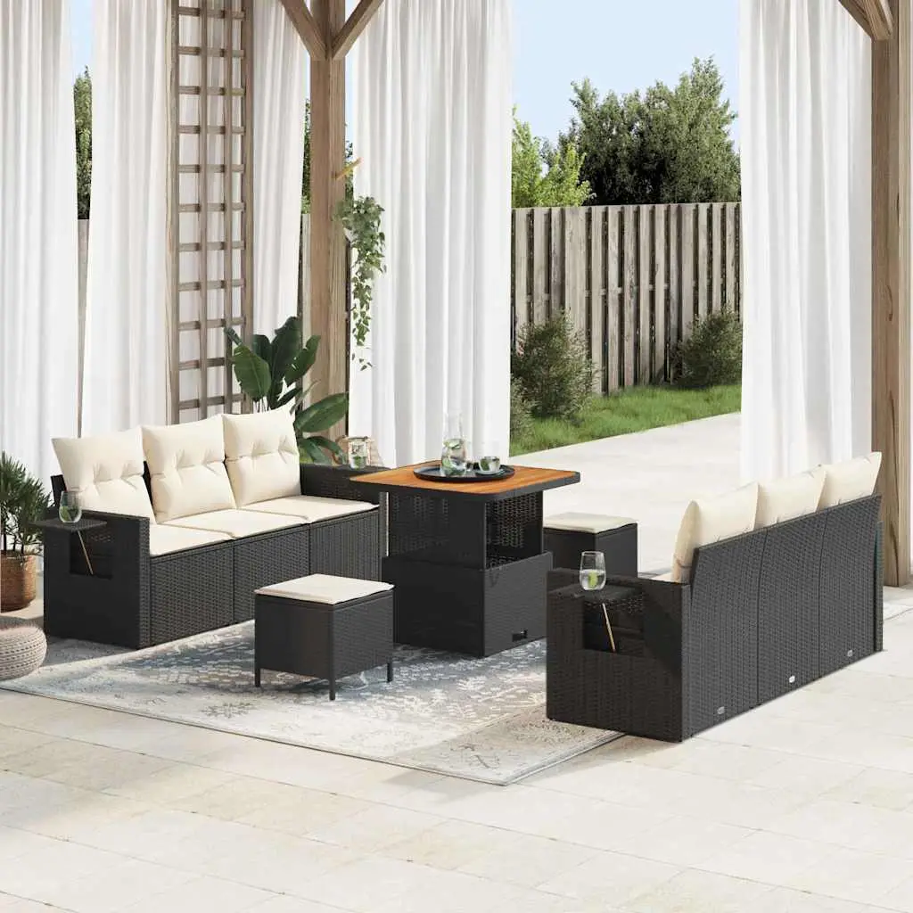 Ensemble Canapé Extérieur Poly Rotin 9 Pcs Table Carrée et Coffre Rangement Noir Crème – ComfortXL Outdoor Living