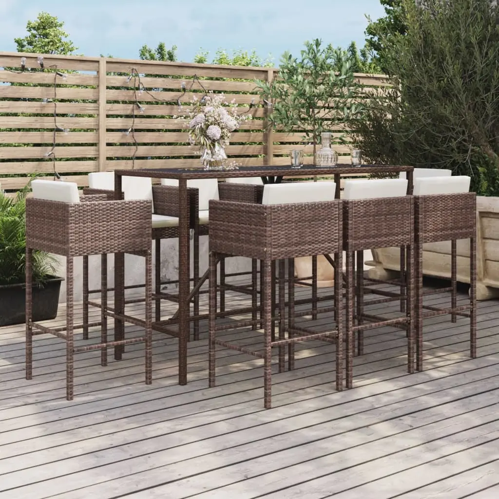 Ensemble de Bar 9 pcs Résine Tressée avec Coussins pour Jardin Terrasse Marron – ComfortXL Outdoor Living