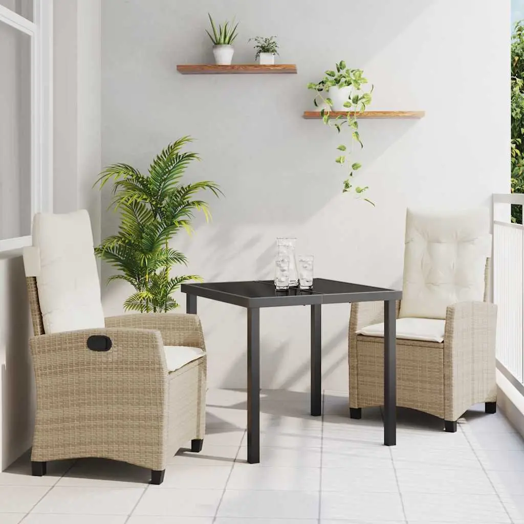 Ensemble de repas pour balcon 3 pcs polyrotin 2 chaises inclinables et coussins Beige – ComfortXL Outdoor Living