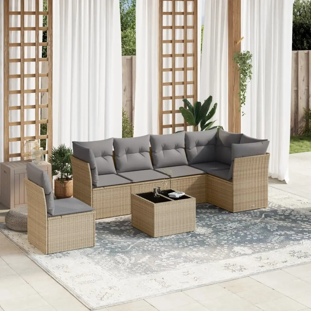 Ensemble de jardin modulable 7 places résine tressée table basse et coussins épais Beige et Gris Clair – ComfortXL Outdoor Living