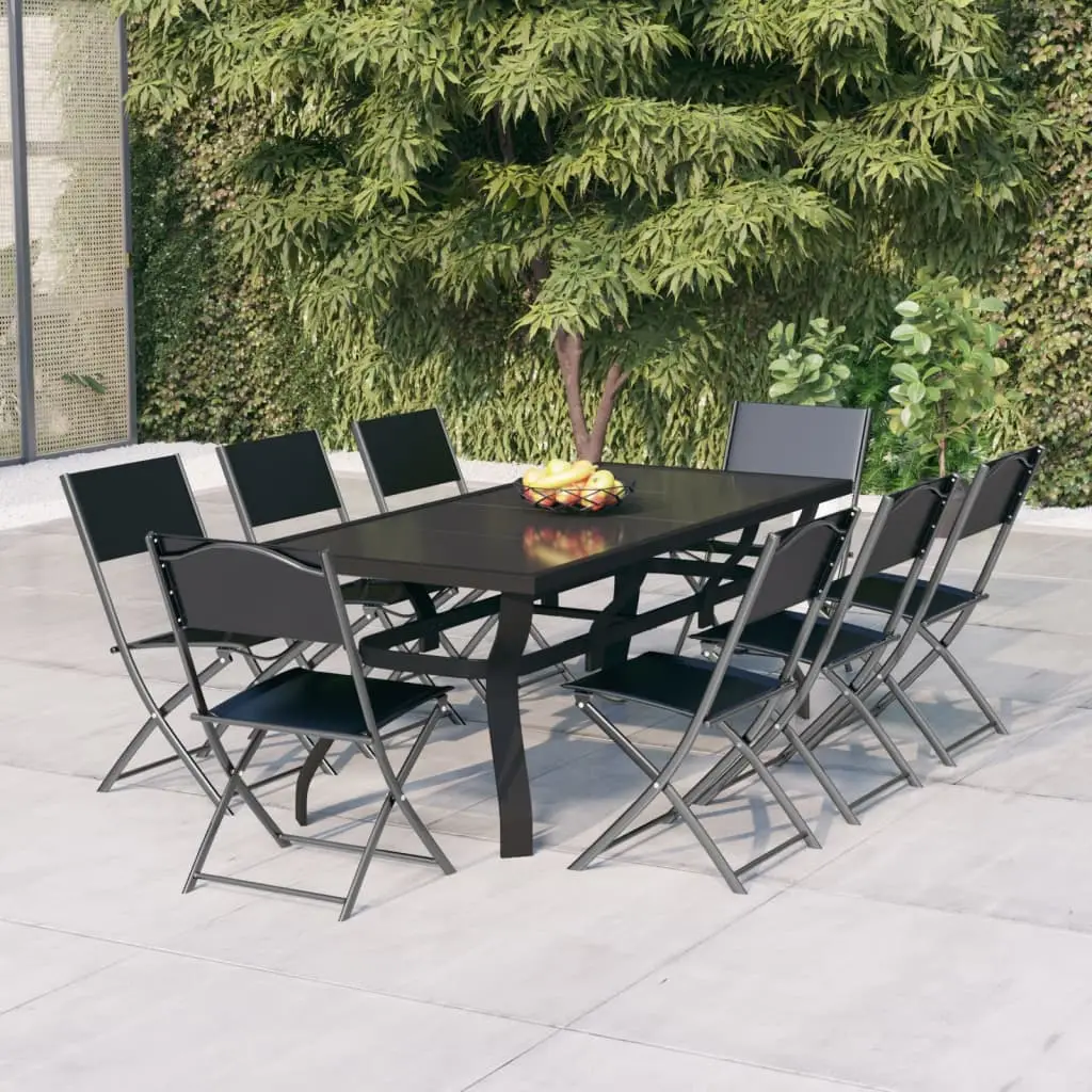 Ensemble de Jardin 9 Pièces Table Verre et Chaises Pliables Noir – ComfortXL Outdoor Living