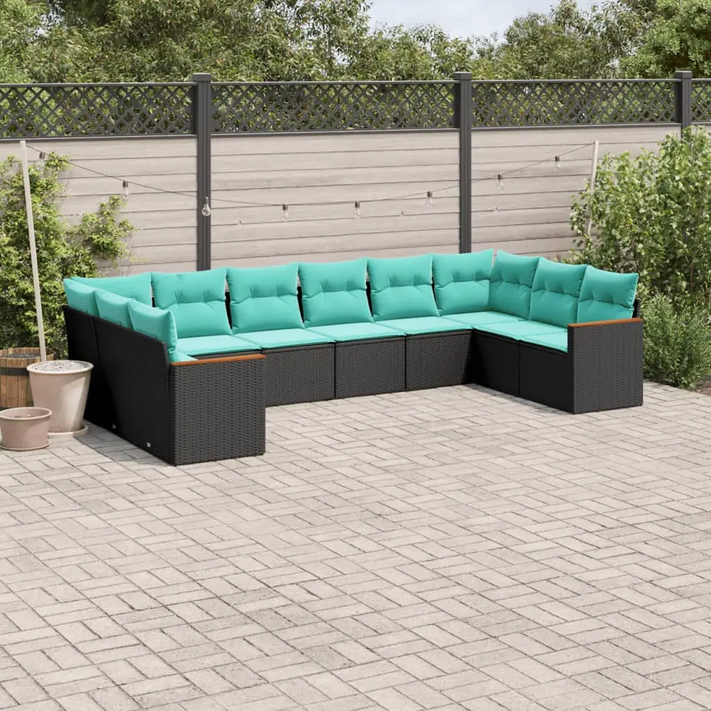 Ensemble canapés de jardin 10 places modulable avec rangement résine tressée Noir coussins Bleus – ComfortXL Outdoor Living