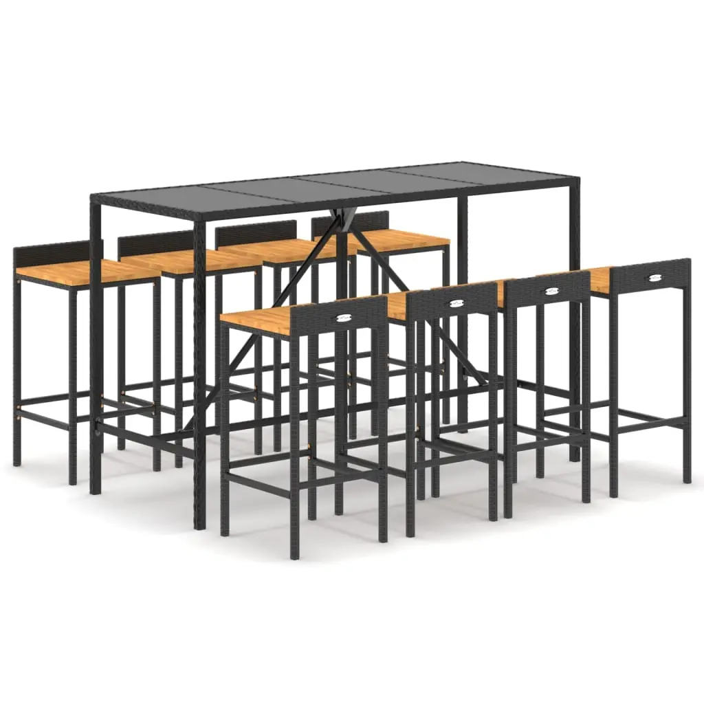Ensemble de 9 pcs bar de jardin – Mobilier d’extérieur noir poly rotin/bois massif acacia