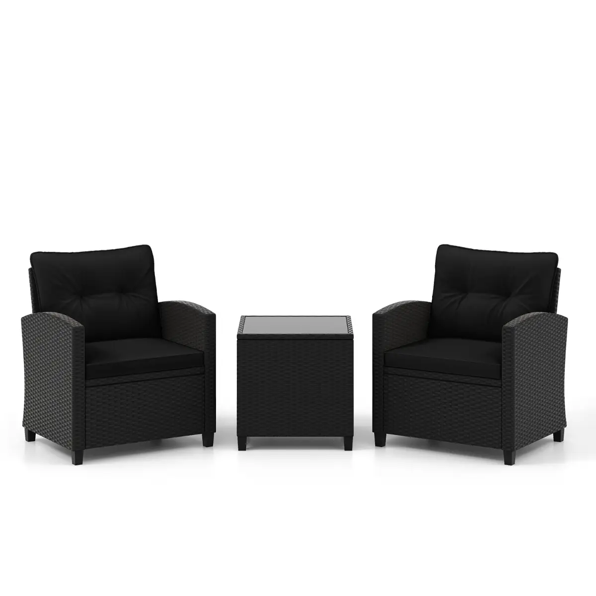 Ensemble de 3pcs Salon de Jardin Meubles de Patio 2 Fauteuils Table Basse Rotin Charge 180KG Noir