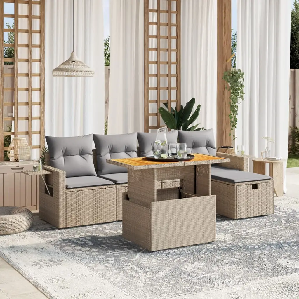 Ensemble de jardin 6 places résine tressée table relevable et tablette latérale Beige – ComfortXL Outdoor Living