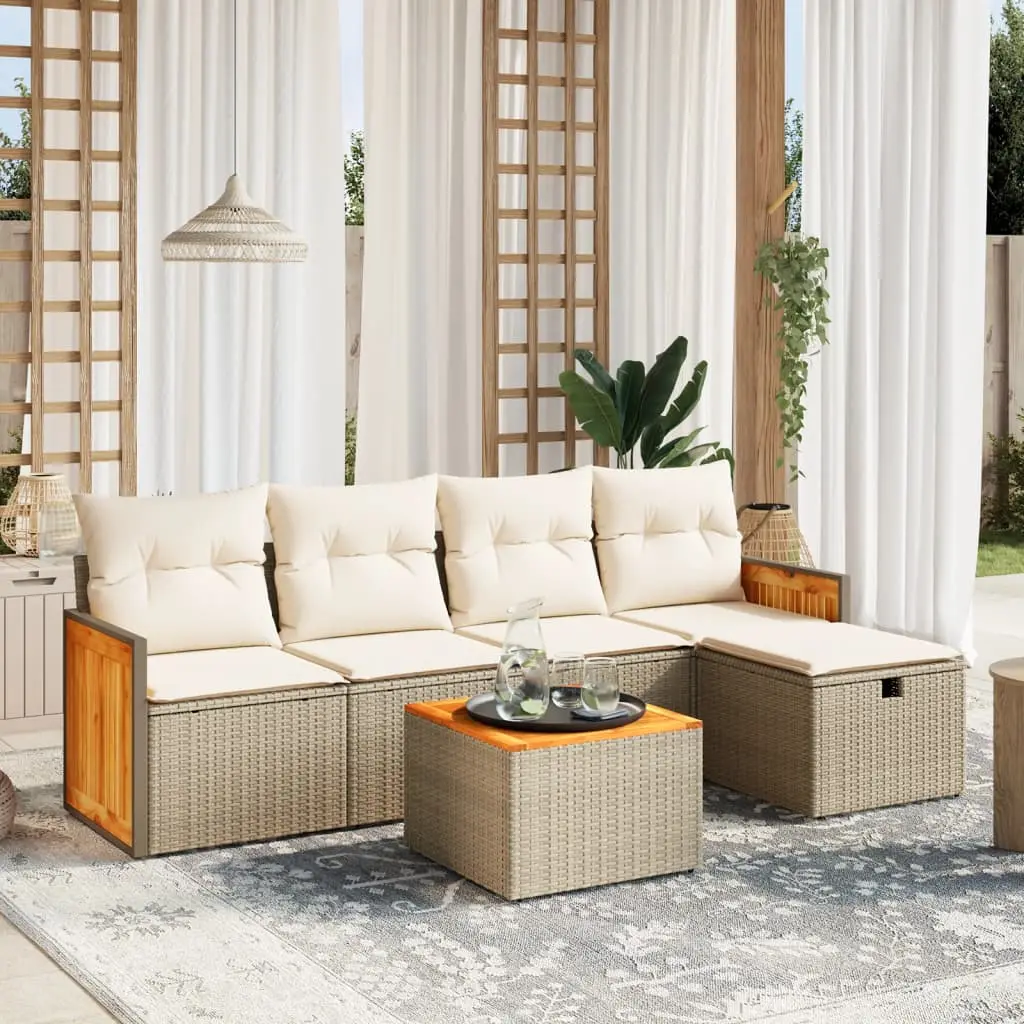 Ensemble de jardin 6 places résine tressée avec table en acacia modulable et coussins Beige – ComfortXL Outdoor Living