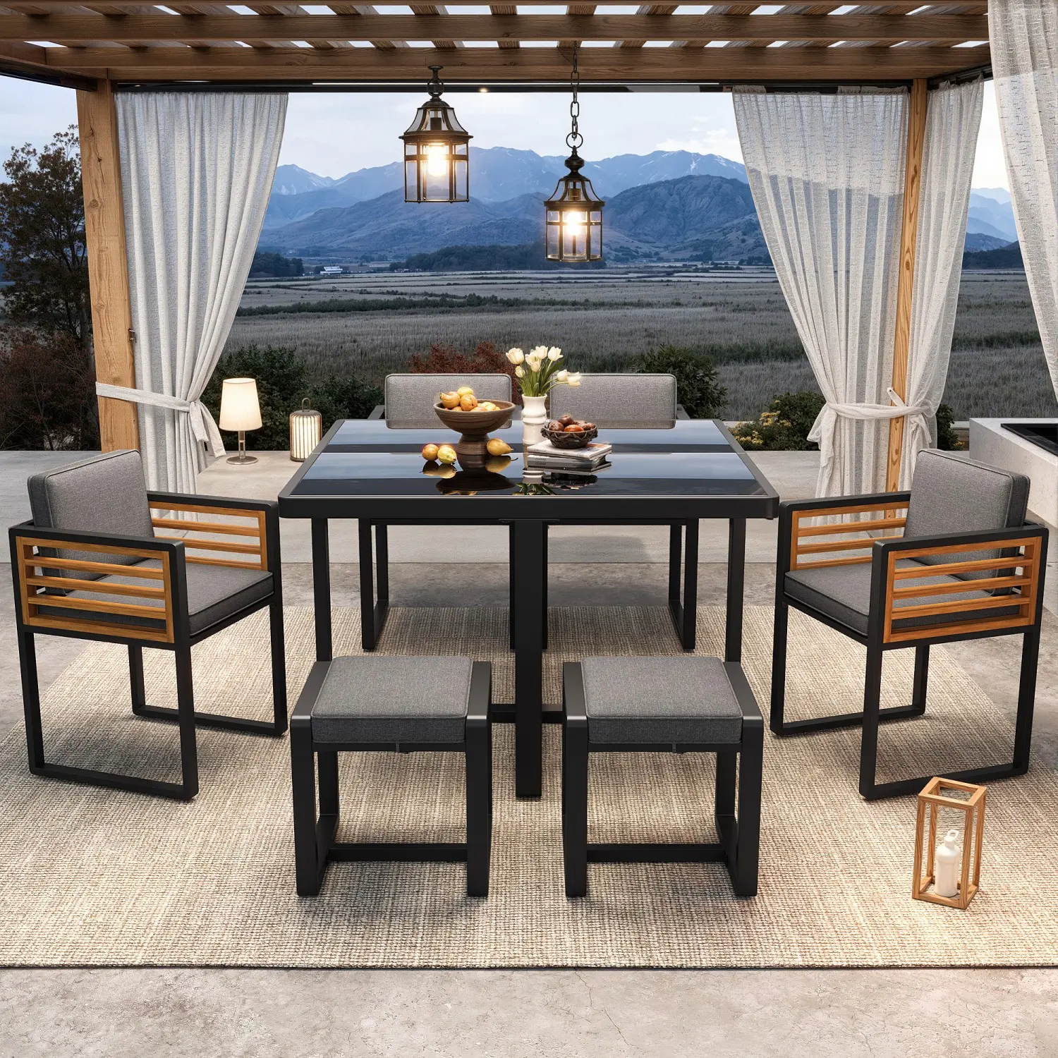 Ensemble de mobilier de jardin, comprenant six chaises et une table pouvant accueillir six personnes, avec un plateau en verre, gris.