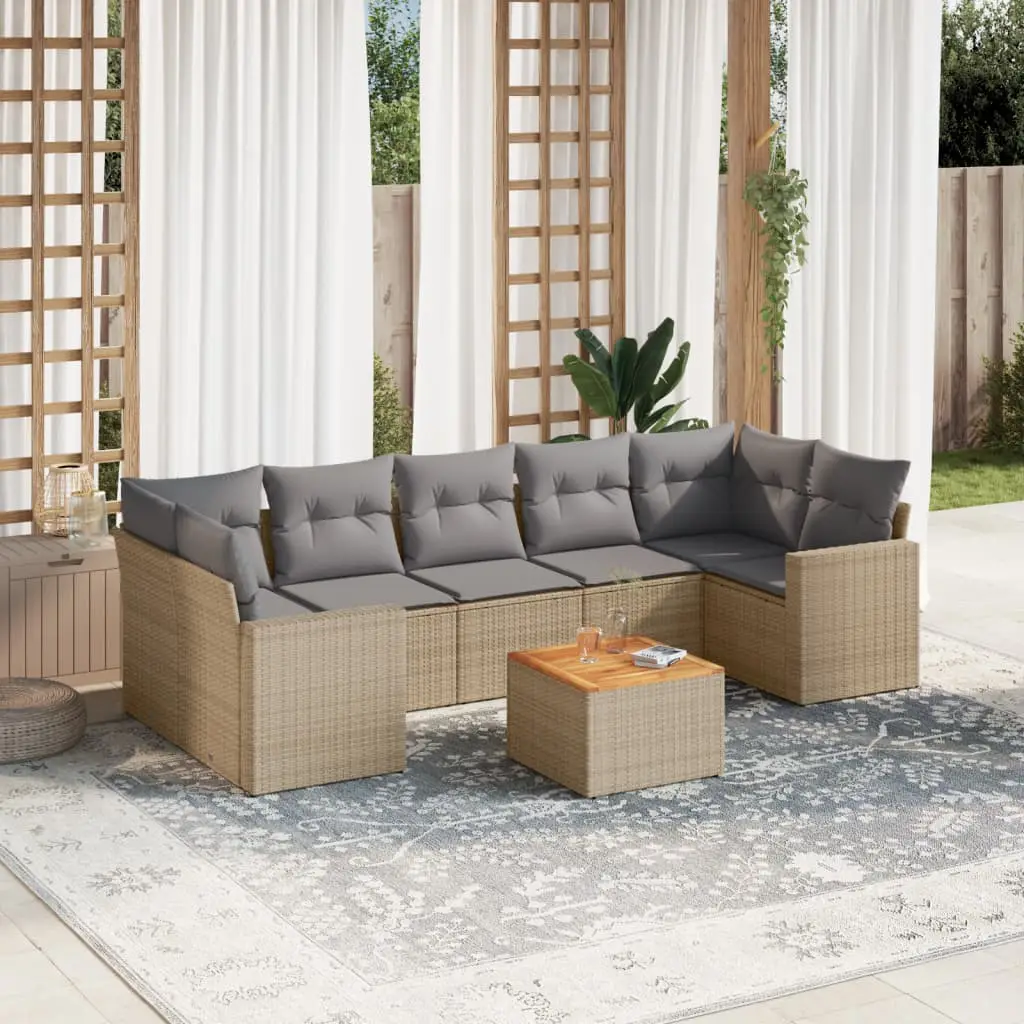 Ensemble de Jardin d’Angle 7 Places Résine Tressée Modulable Table Bois et Coussins Gris Beige – ComfortXL Outdoor Living