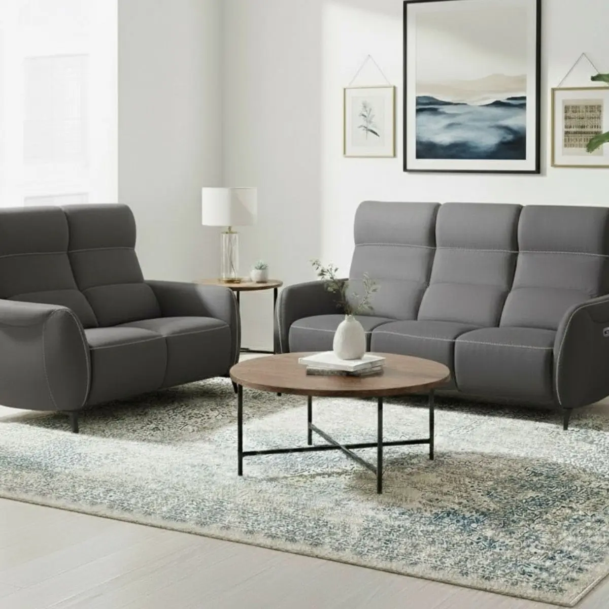 Ensemble canapé relax électrique 3pl + canapé fixe 2pl tissu micro peau gris foncé – SMALK