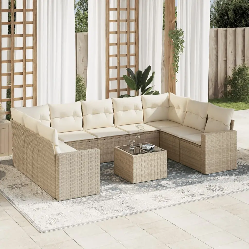 Ensemble canapé de jardin 9 personnes en poly rotin avec table basse et rangement Beige – ComfortXL Outdoor Living