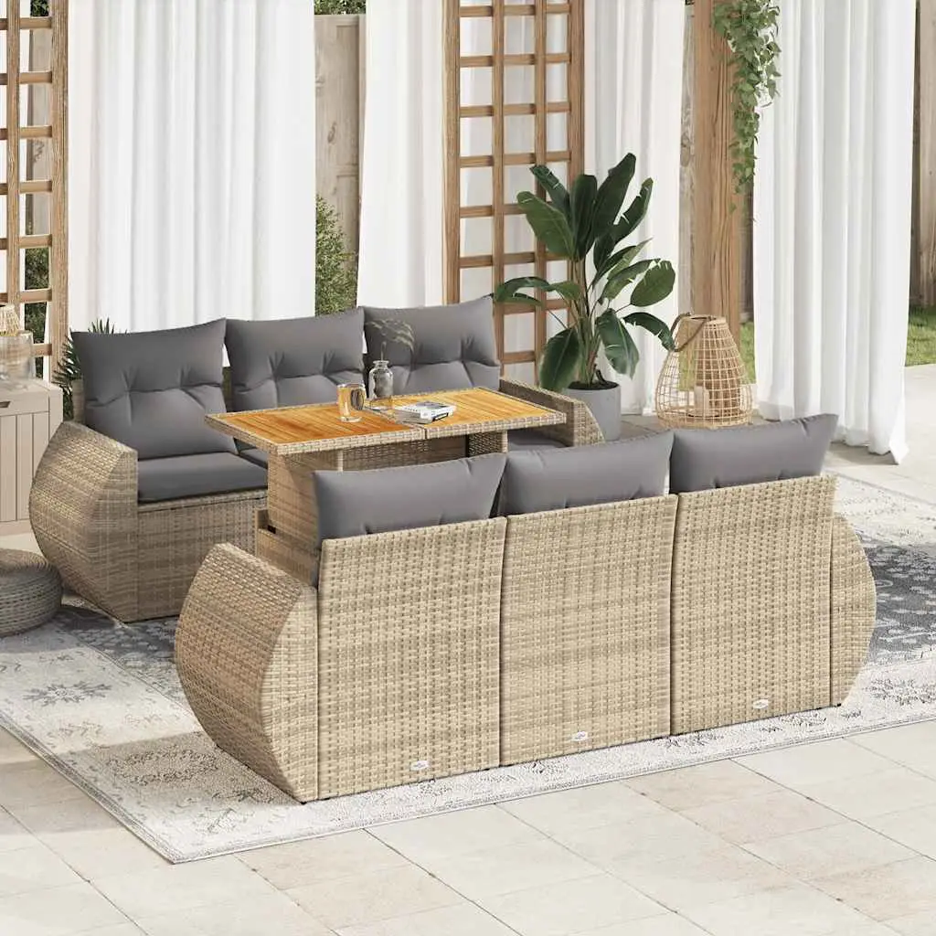 Ensemble de jardin 7 pièces en résine tressée avec table extensible et rangements Beige – ComfortXL Outdoor Living