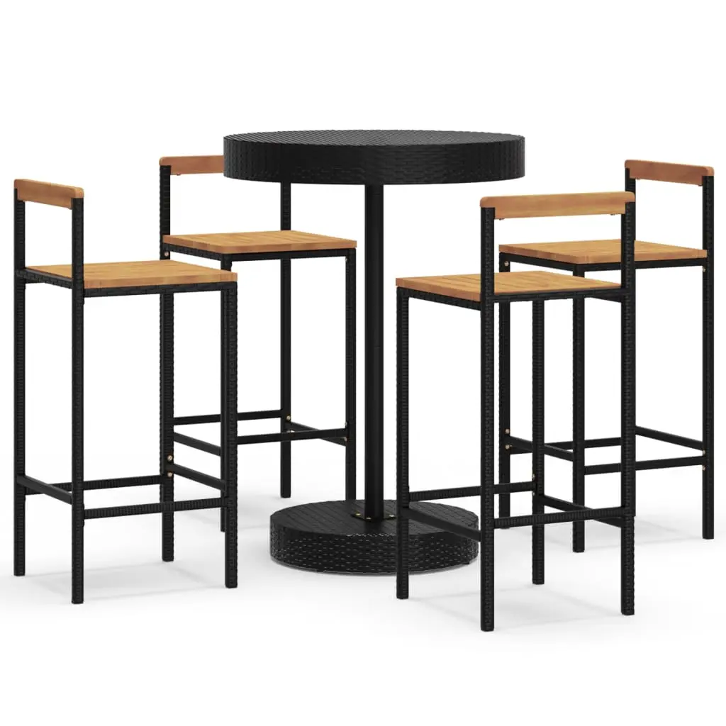 Ensemble de 5 pcs bar de jardin – Mobilier d’extérieur noir poly rotin/bois massif acacia-JU2215