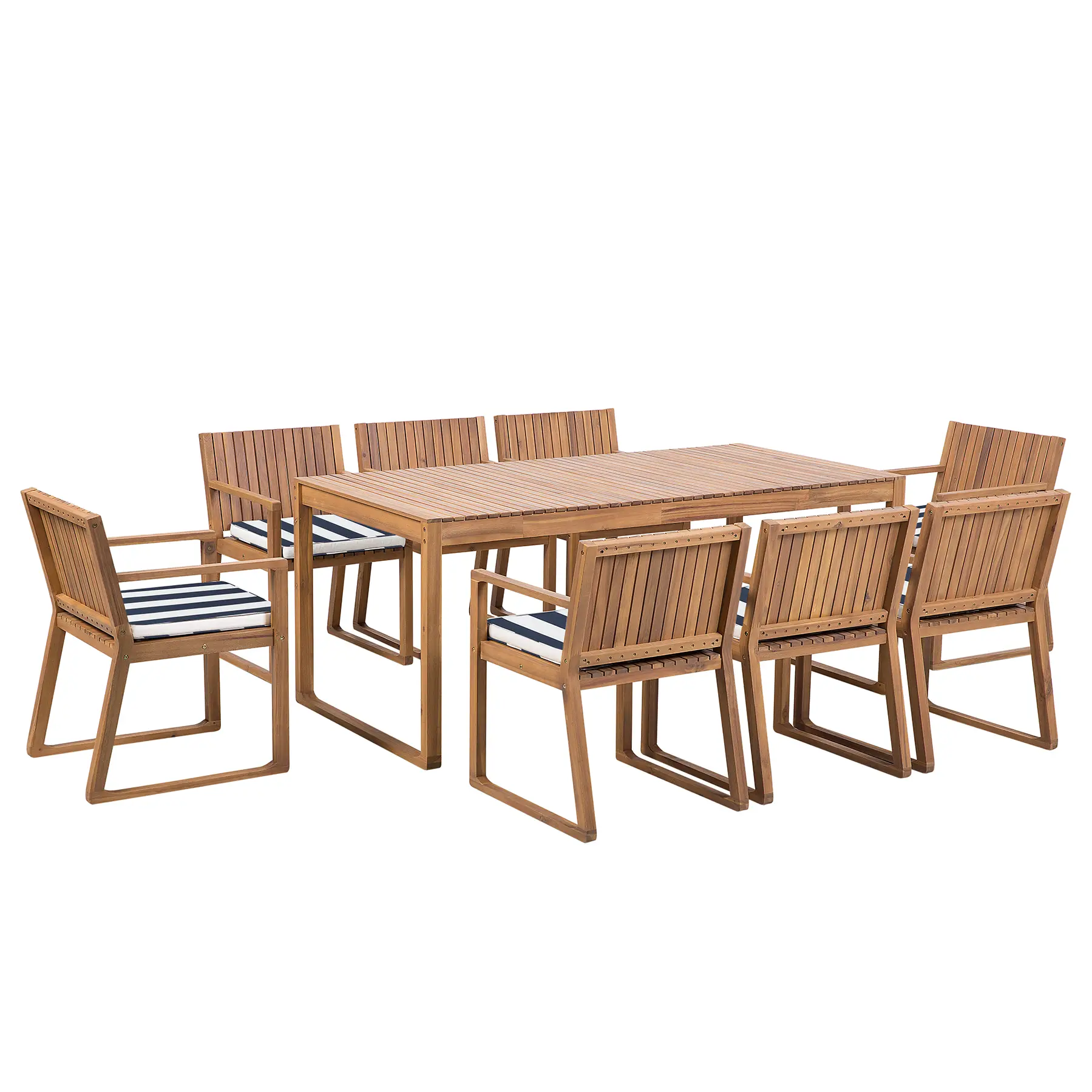 Ensemble de Jardin Table 180 x 90 cm et de 8 Chaises en Bois d’Accacia avec Coussins d’Assise à Rayures Bleu Foncé Beliani