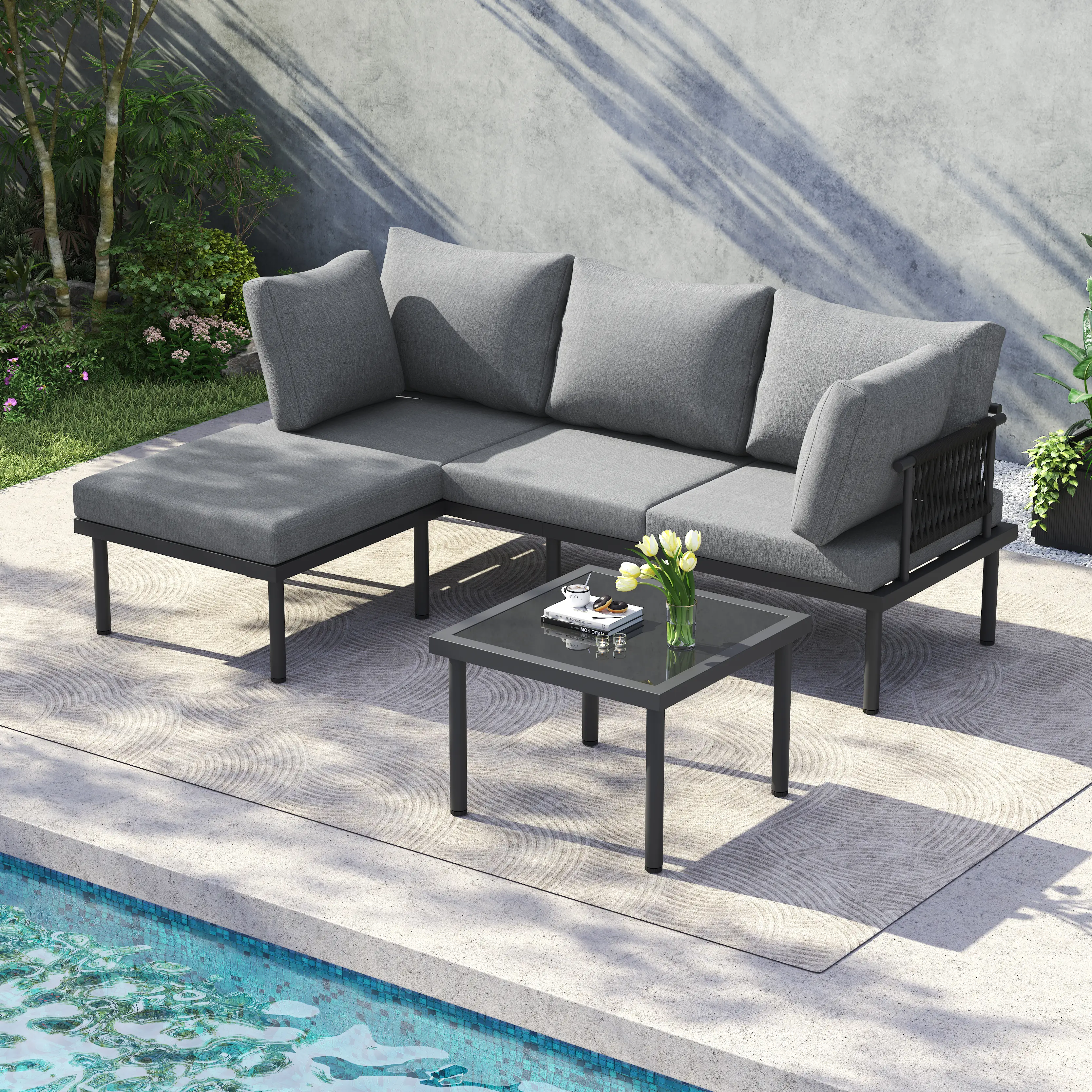 Ensemble de meubles de jardin, canapé + table basse + pouf, tube d’acier galvanisé, plateau de table en verre, gris + noir