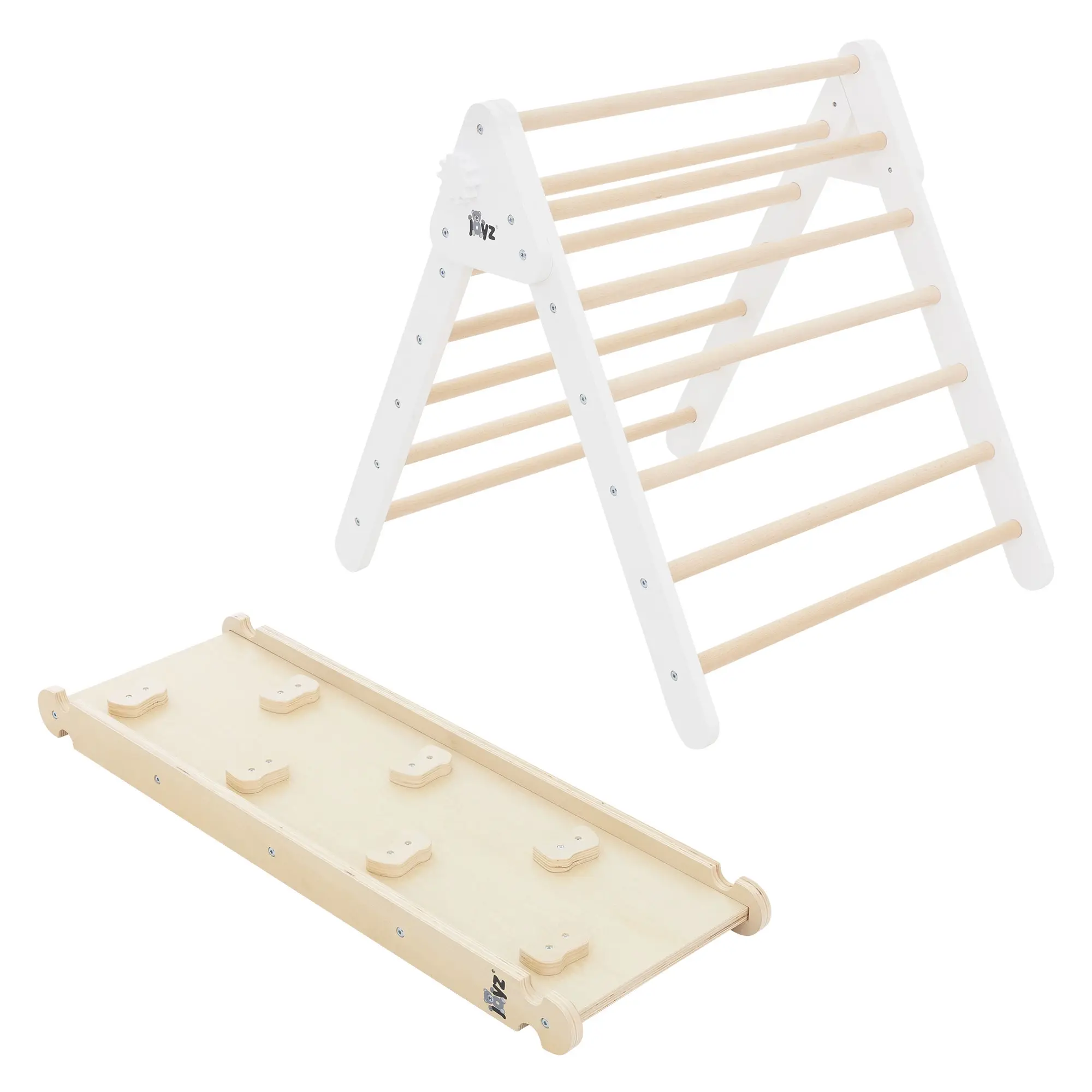 Ensemble d’escalade blanc-naturel en bois avec triangle et planche de glisse convient enfants dès 2 ans développe la motricité l’équilibre la sécurité